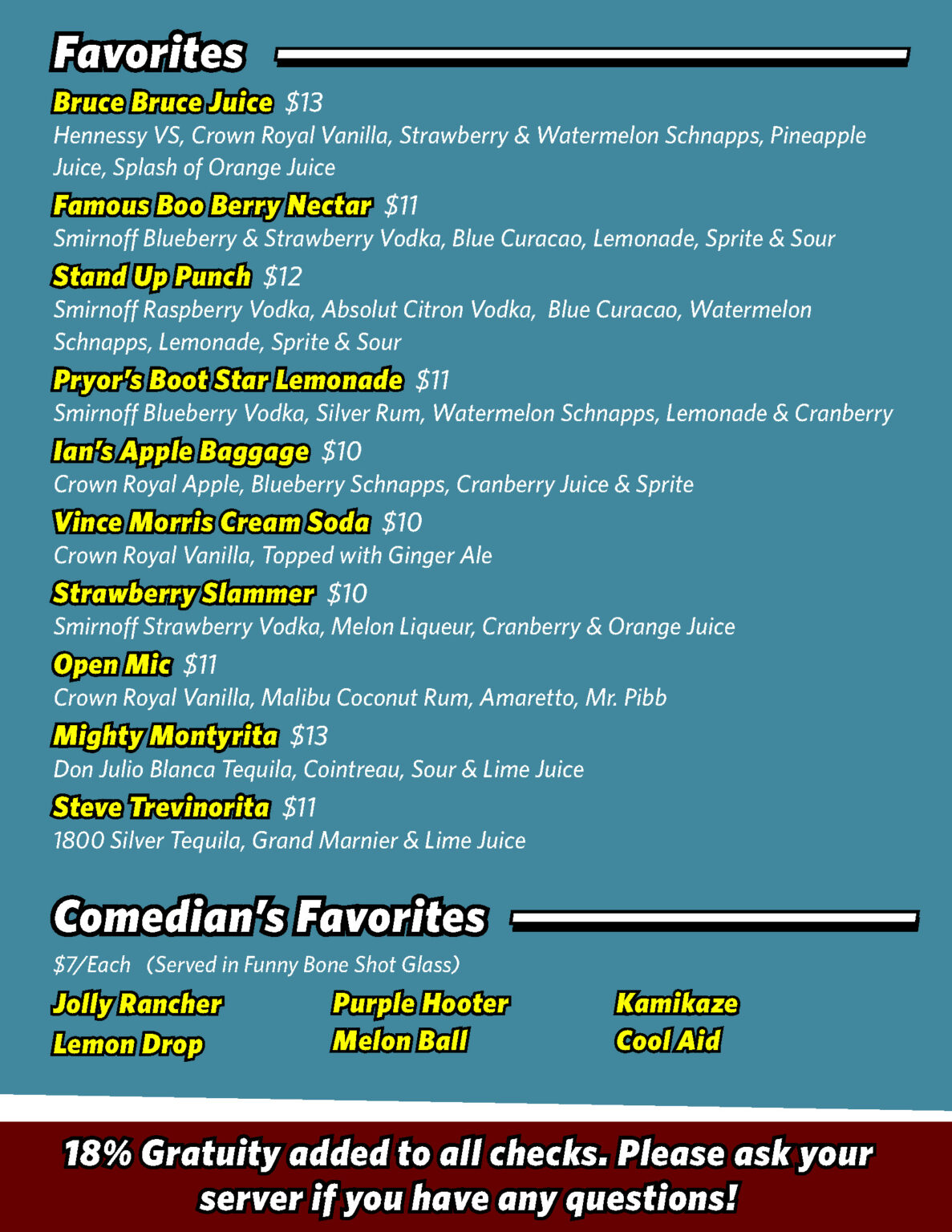 Food & Drink Menu Dayton Funny Bone the premiere comedy club